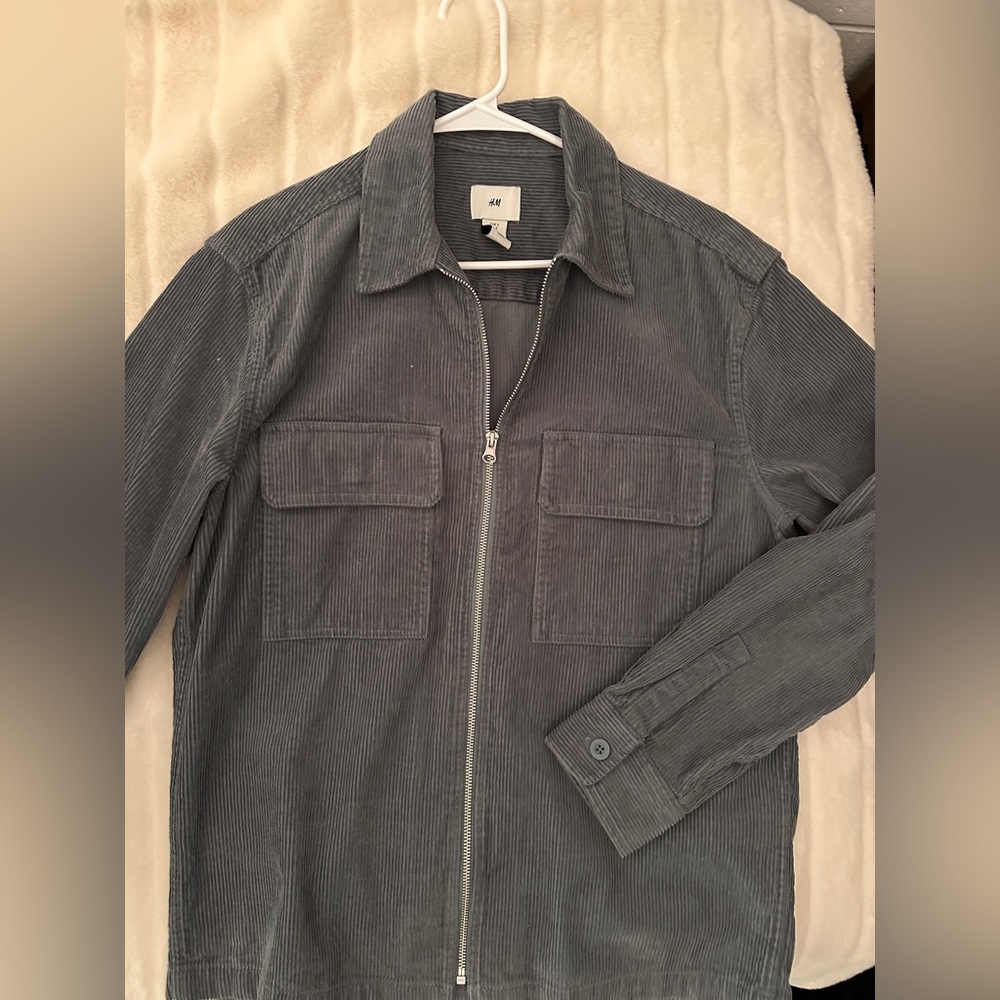 H&M men's utility corduroy jacket shacket coat zip-up layer blue street vintage